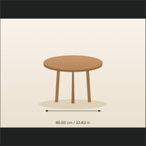 The same side table photo with a measurement arrow and a 60.00 cm / 23.62 in label added in the editor